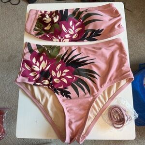 Kona Sol 2 Piece High Waist Bikini Swimsuit‎ Pink Hawaiian Floral M